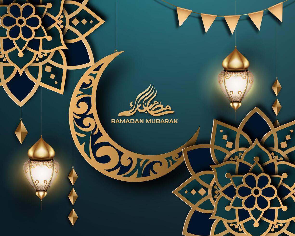 Realistic ramadan background with crescent moon, lantern, mandala. for banner, greeting card vector