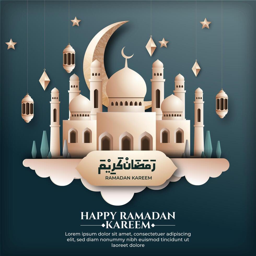 Realistic ramadan background with mosque, lantern, Crescent moon for banner, greeting card vector