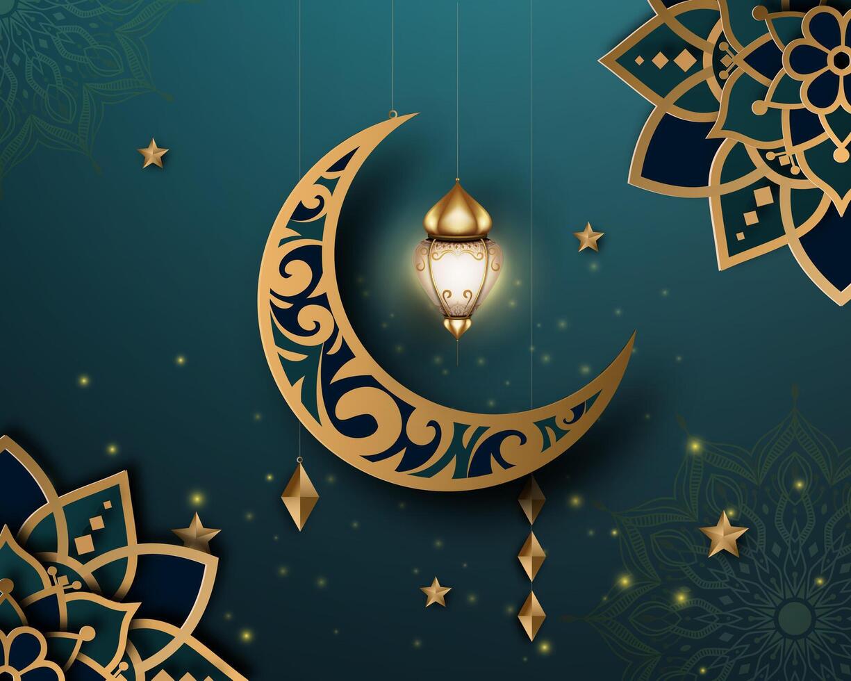 Realistic ramadan background with crescent moon, lantern, mandala. for banner, greeting card vector