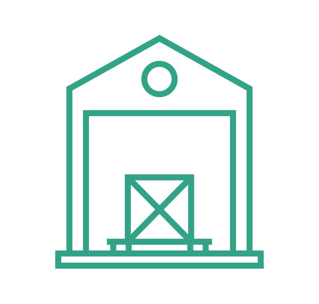 Small warehouse with box on pallet. Outline icon isolated on white background. Part of supply chain. vector