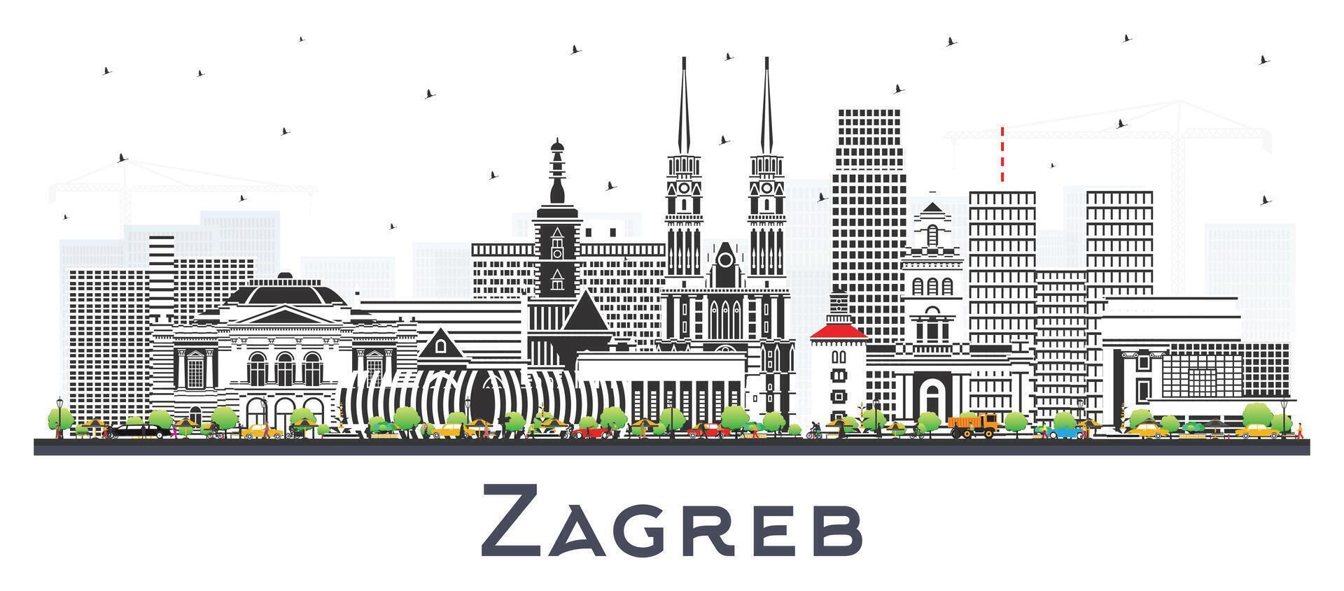 Zagreb Croatia City Skyline with Color Buildings isolated on white. Zagreb Cityscape with Landmarks. Business Travel and Tourism Concept with Historic Architecture. vector