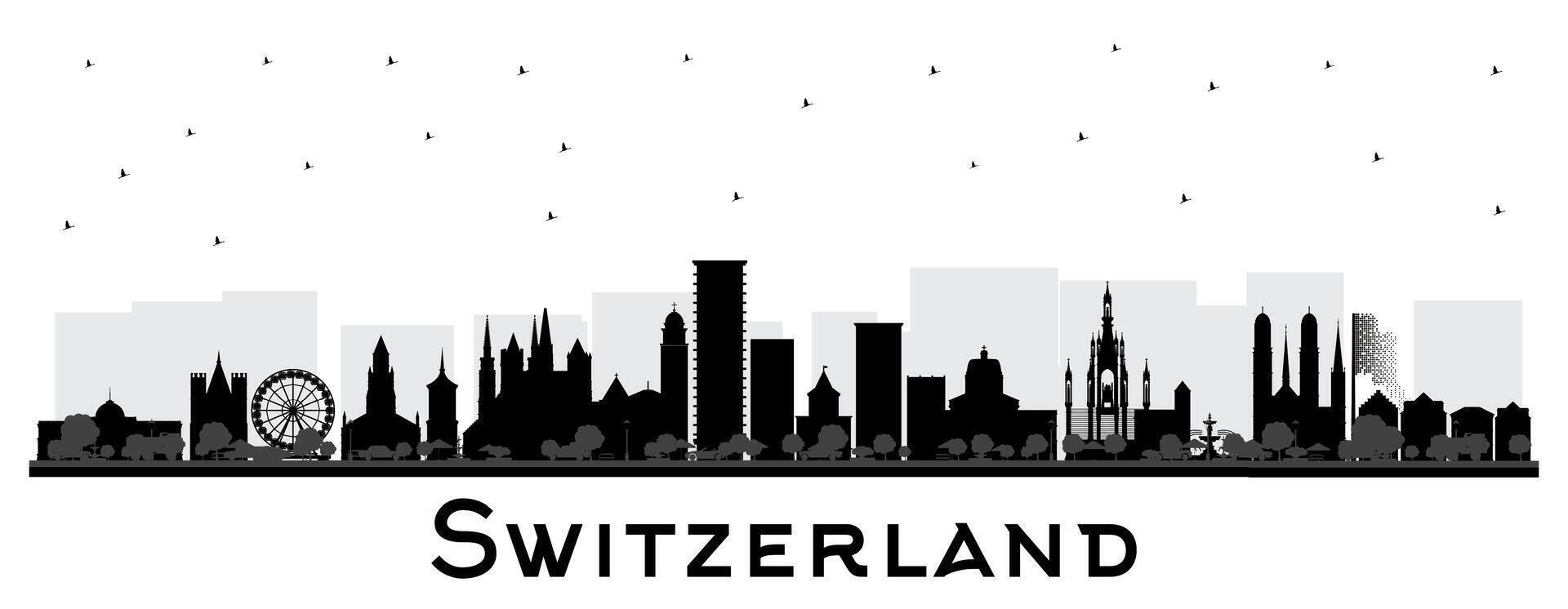 Switzerland City Skyline silhouette with black buildings isolated on white. Modern and Historic Architecture. Switzerland Cityscape with Landmarks. Bern. Basel. Lugano. Zurich. vector