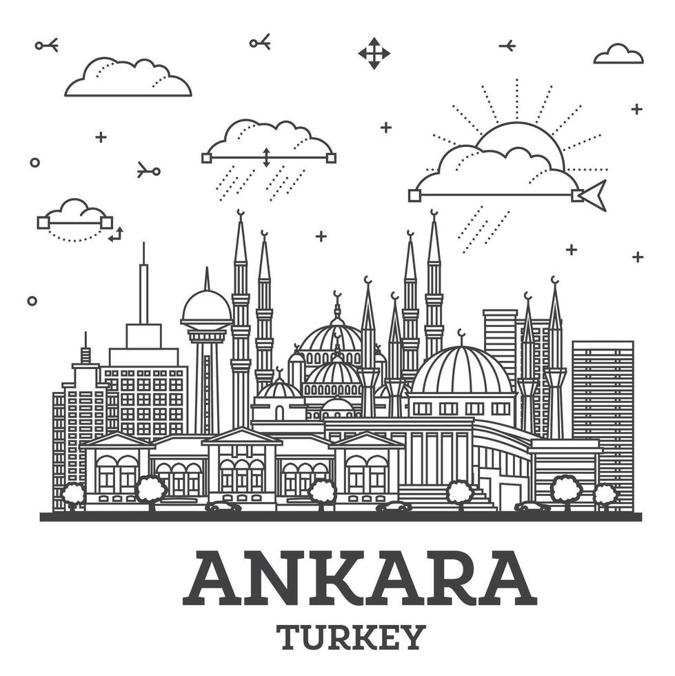 Outline Ankara Turkey City Skyline with Historic Buildings Isolated on White. Ankara Cityscape with Landmarks. vector