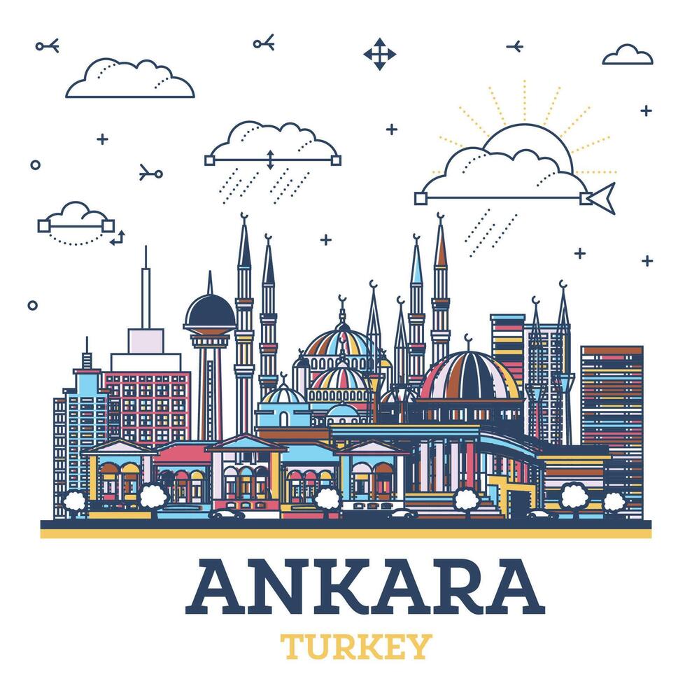 Outline Ankara Turkey City Skyline with Historic Colored Buildings Isolated on White. Ankara Cityscape with Landmarks. vector
