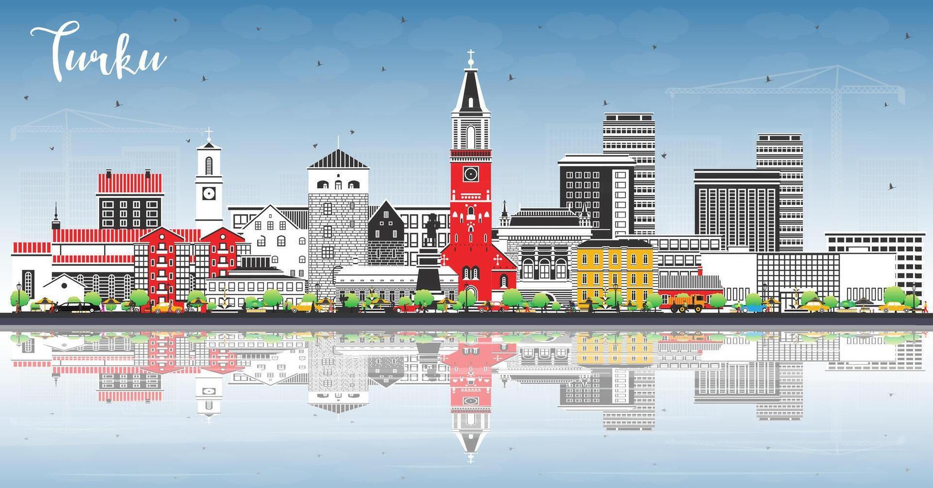 Turku Finland city skyline with color buildings, blue sky and reflections. Turku cityscape with landmarks. Business and tourism concept with modern and historic architecture. vector