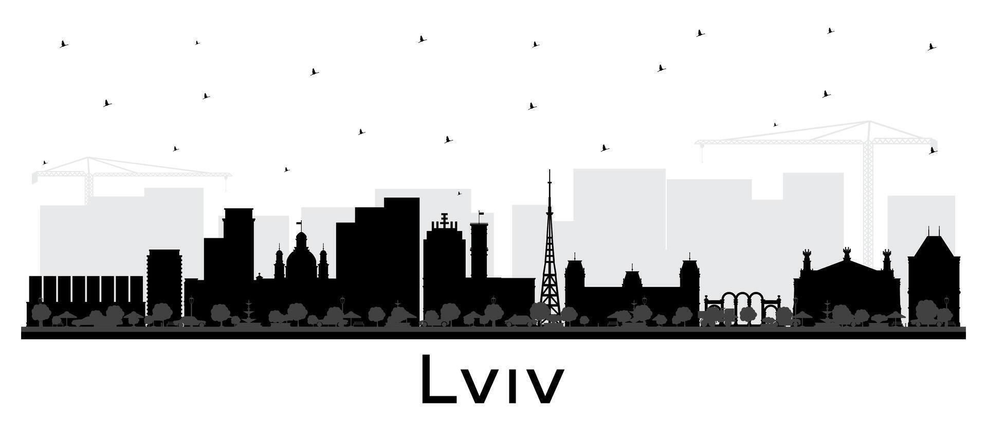 Lviv Ukraine City Skyline silhouette with black Buildings isolated on white. Lviv Cityscape with Landmarks. Business Travel and Tourism Concept with Historic Architecture. vector