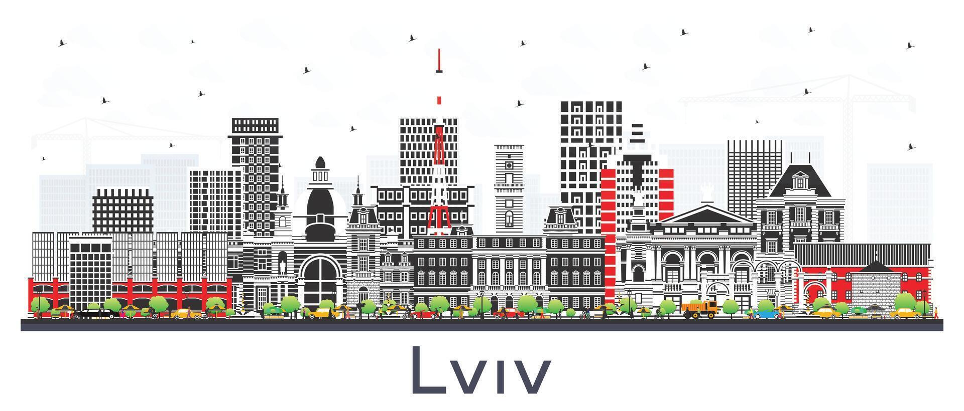 Lviv Ukraine City Skyline with Color Buildings isolated on white. Lviv Cityscape with Landmarks. Business Travel and Tourism Concept with Historic Architecture. vector