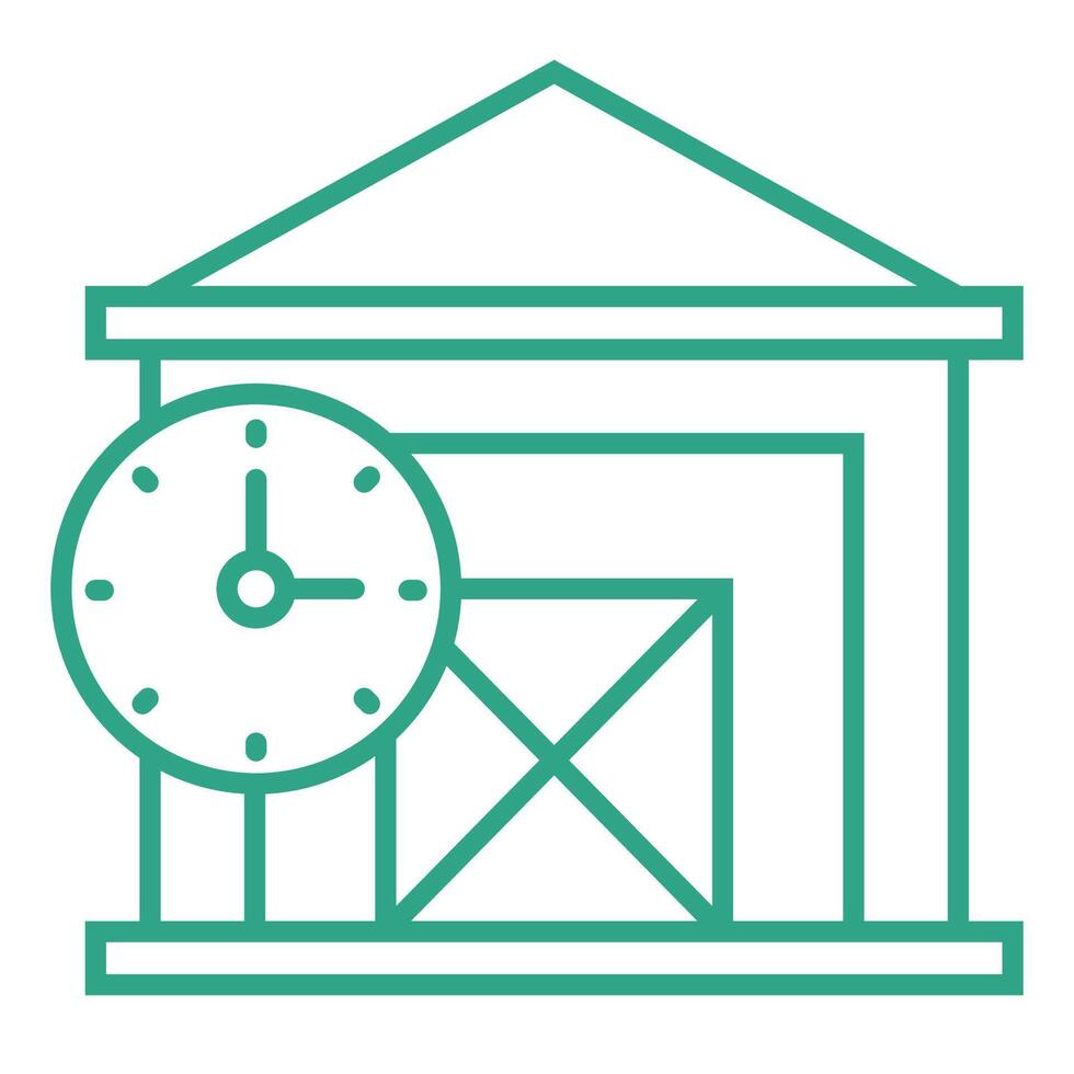 Outline small warehouse icon with clock isolated on white background. Part of supply chain. Box inside. vector