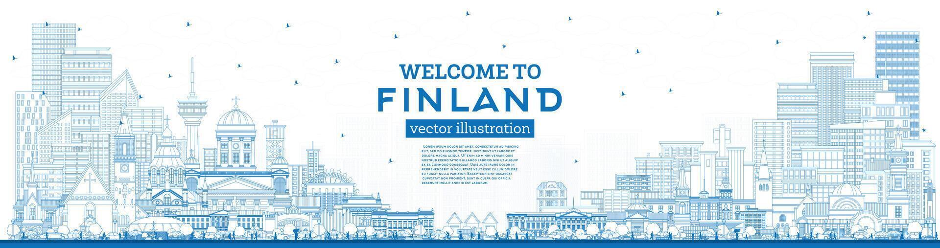 Outline Finland city skyline with blue buildings. Concept with historic and modern architecture. Finland  cityscape with landmarks. Helsinki. Espoo. Vantaa. Oulu. Turku. vector