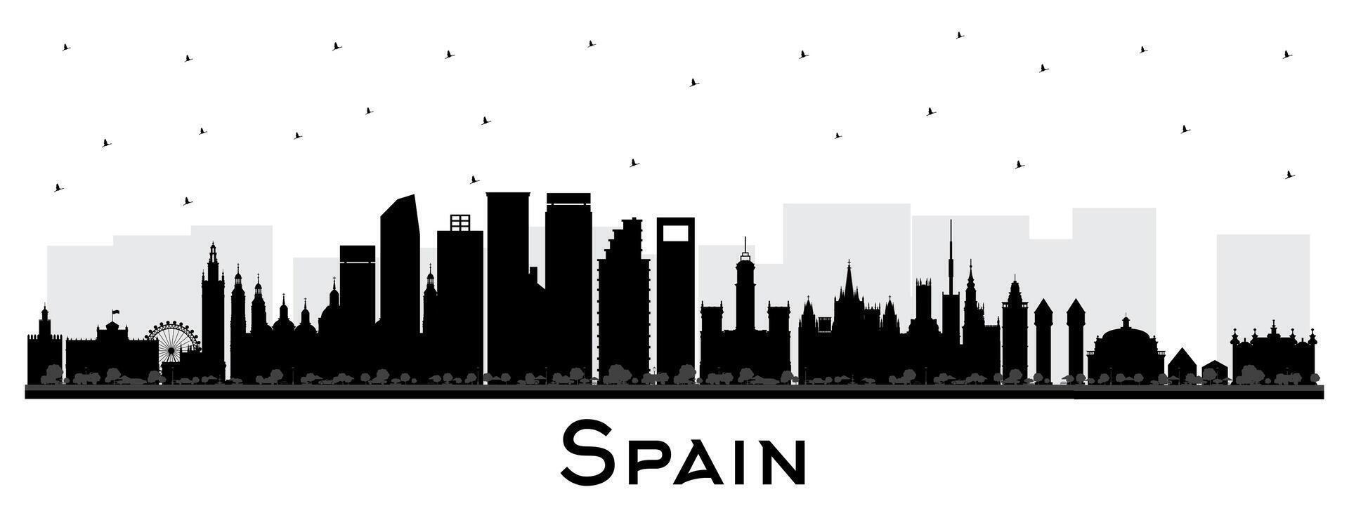 España ciudad horizonte silueta con negro edificios aislado en blanco. moderno y histórico arquitectura. España paisaje urbano con puntos de referencia Madrid. Barcelona. Valencia. Sevilla. vector