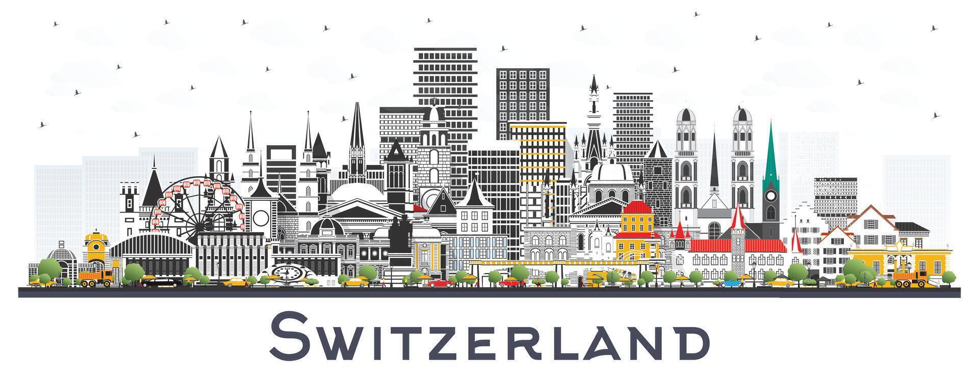 Suiza ciudad horizonte con gris edificios aislado en blanco. moderno y histórico arquitectura. Suiza paisaje urbano con puntos de referencia berna basilea. lugano. zúrich Ginebra. vector