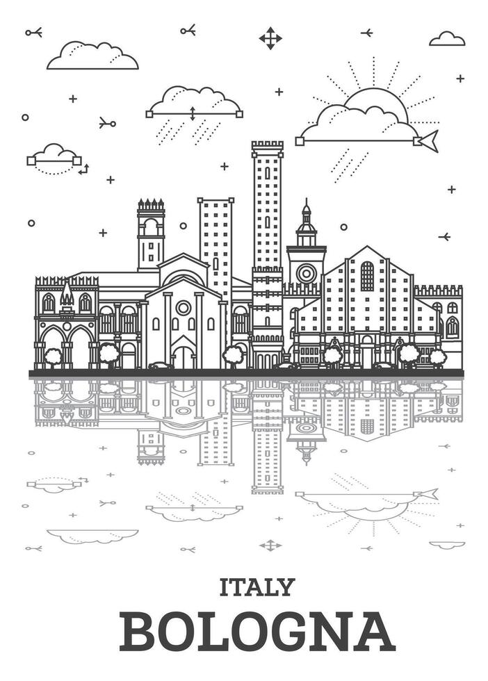 Outline Bologna Italy City Skyline with Historic Buildings and reflections Isolated on White. Bologna Cityscape with Landmarks. vector