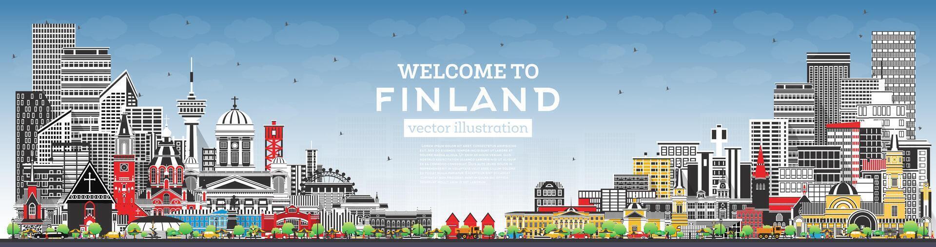 Finlandia ciudad horizonte con gris edificios y azul cielo. concepto con histórico y moderno arquitectura. Finlandia paisaje urbano con puntos de referencia helsinki espoo. vantaa. oulu. turkú. vector