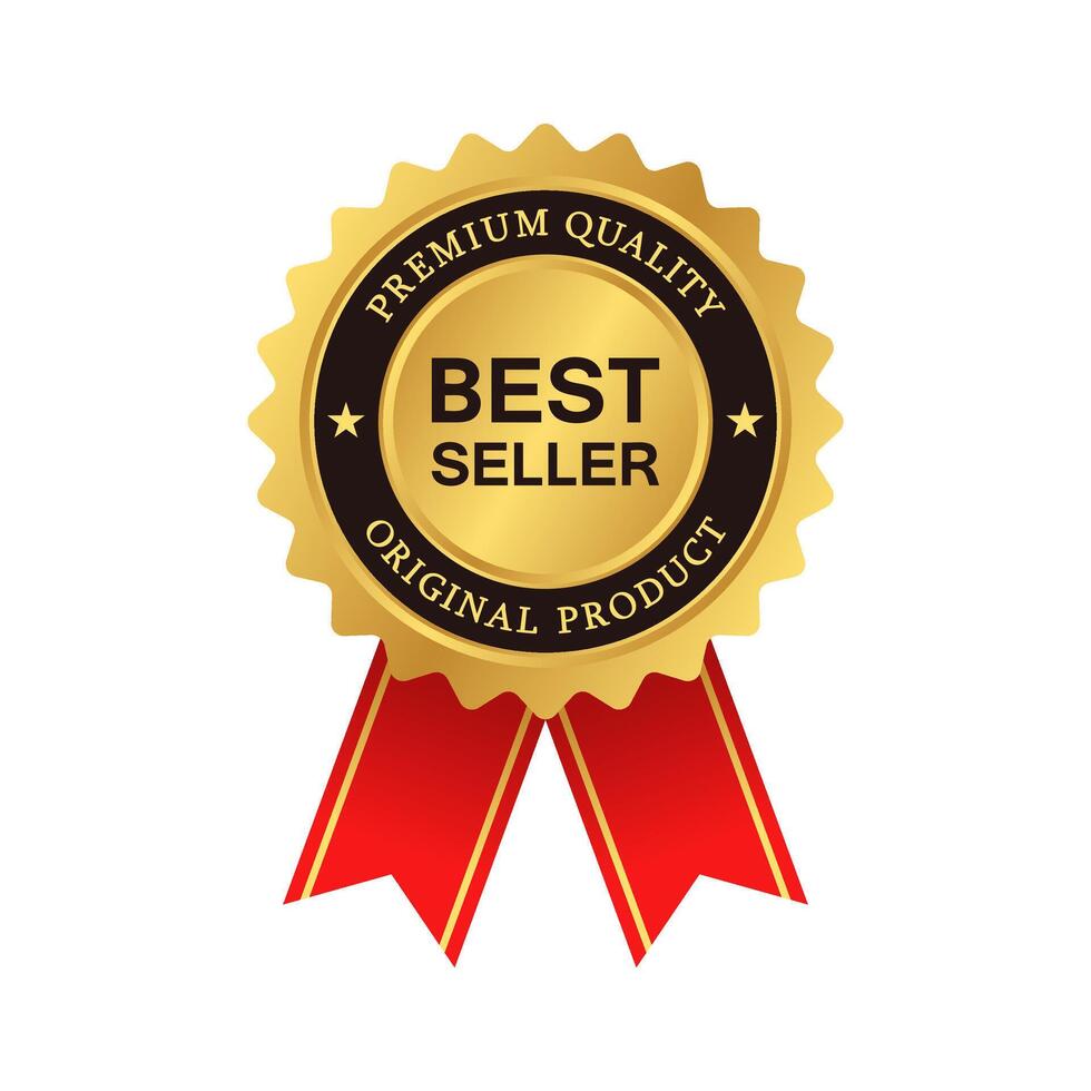Best seller sticker label set with medal gold and red ribbon vector