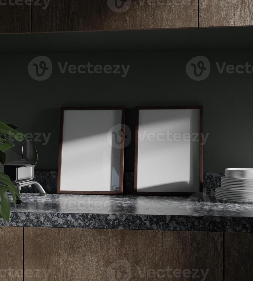 a couple elegant and modern frame mockup poster in the modern kitchen photo