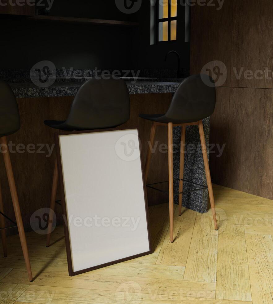 aesthetic and cinematic dark wooden frame mockup poster in the dining kitchen interior with some beautiful light photo