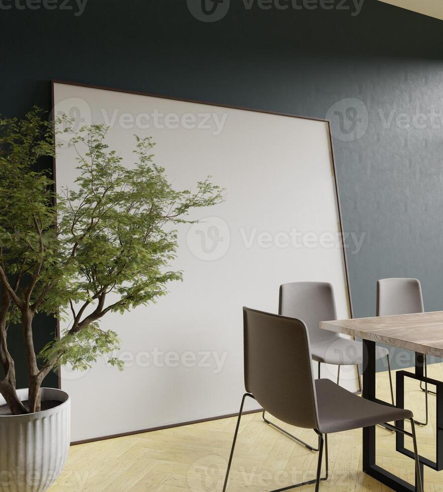 a square 200x200 frame mockup poster behind the dining table in the modern dining room with tree decoration photo