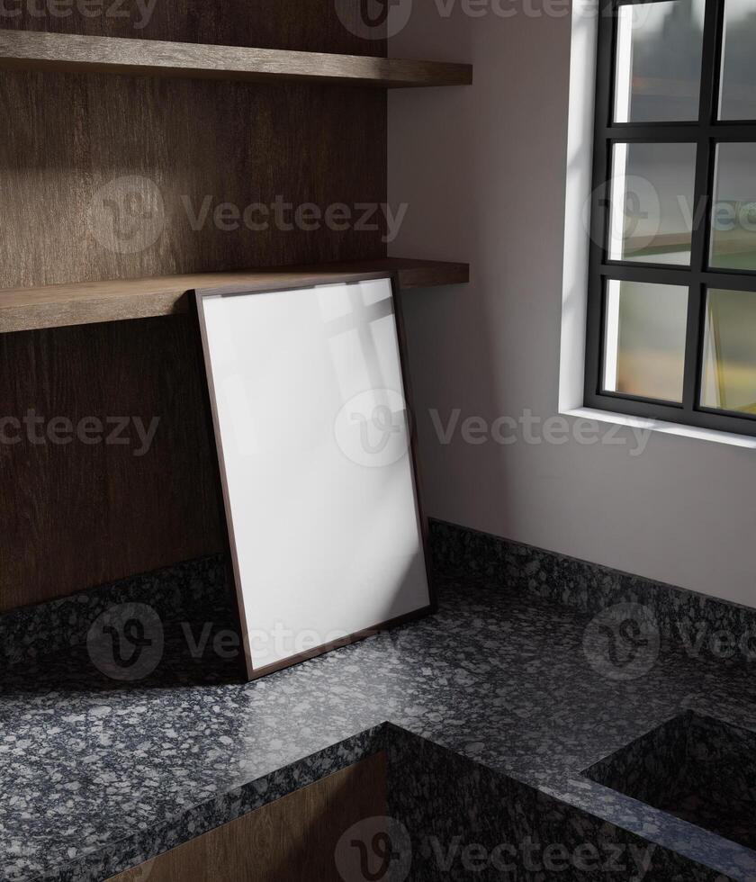 a portrait wooden frame mockup poster on the marble cabinet in the kitchen photo