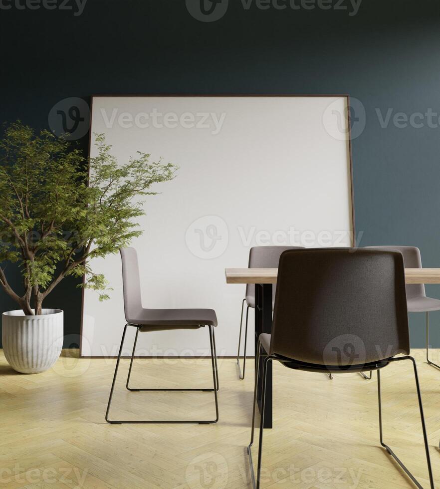 a square 200x200 frame mockup poster behind the dining table in the modern dining room with tree decoration photo
