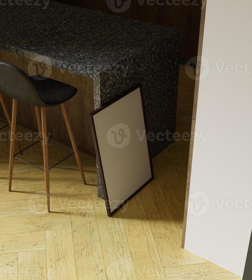 estético oscuro de madera marco Bosquejo póster en el comida cocina interior con algunos hermosa ligero foto