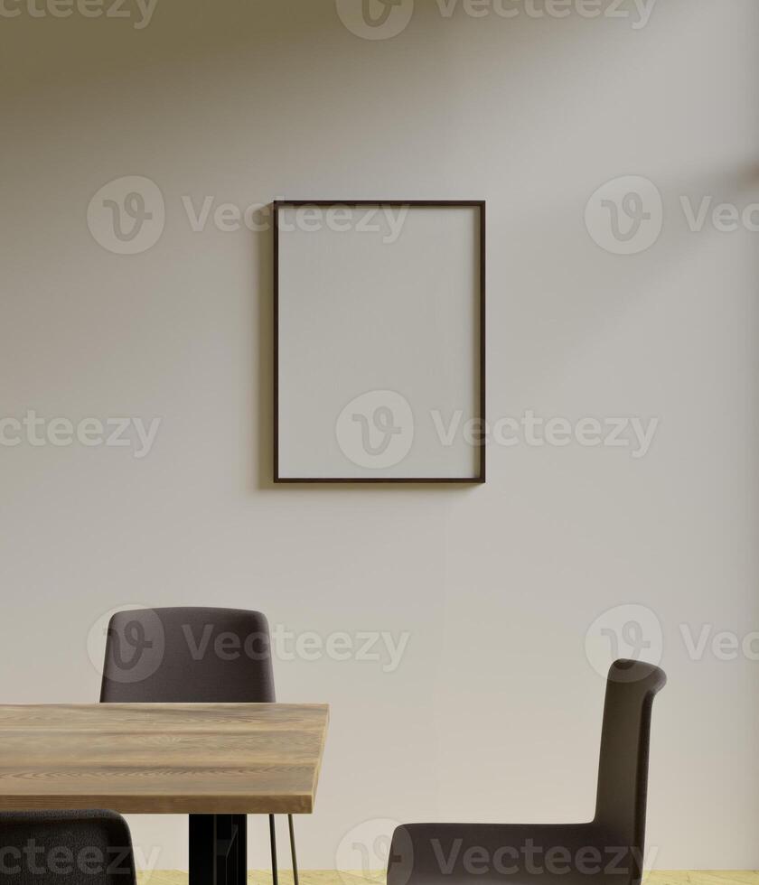 minimalist frame mockup poster hanging on the white wall in the dining room photo