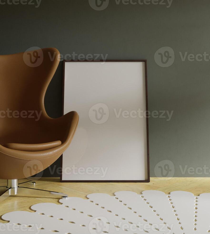 elegant and modern frame mockup poster leaning on the green wall with unique orange side chair photo