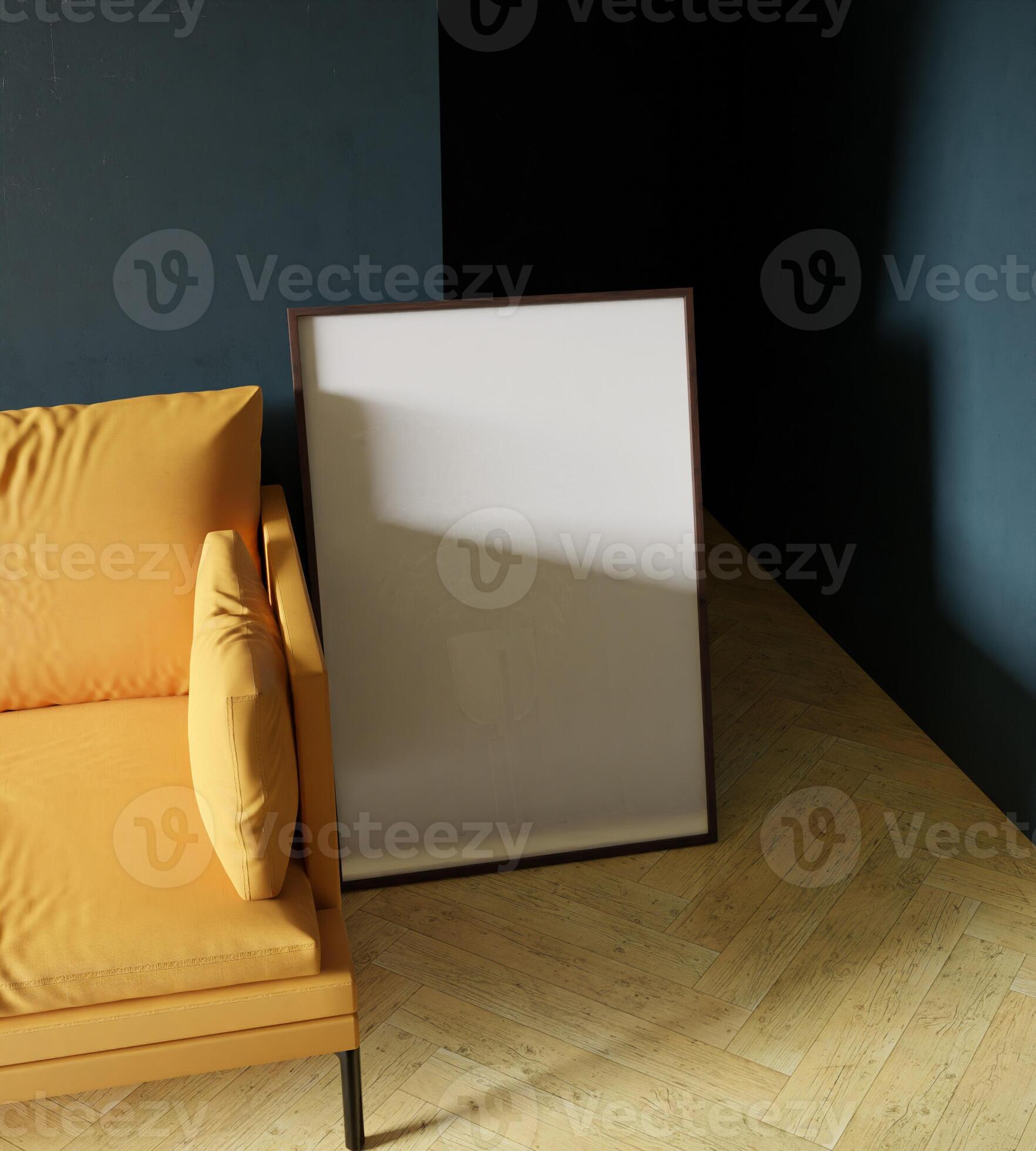 70x100 Frame Mockup Poster Leaning On The Blue Wall Beside Orange Sofa 70x100-frame-mockup-poster-leaning-on-the-blue-wall-beside-orange-sofa