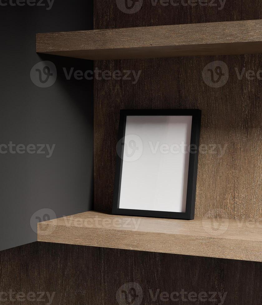 black wooden frame mockup standing on the wooden shelf lit by window light photo