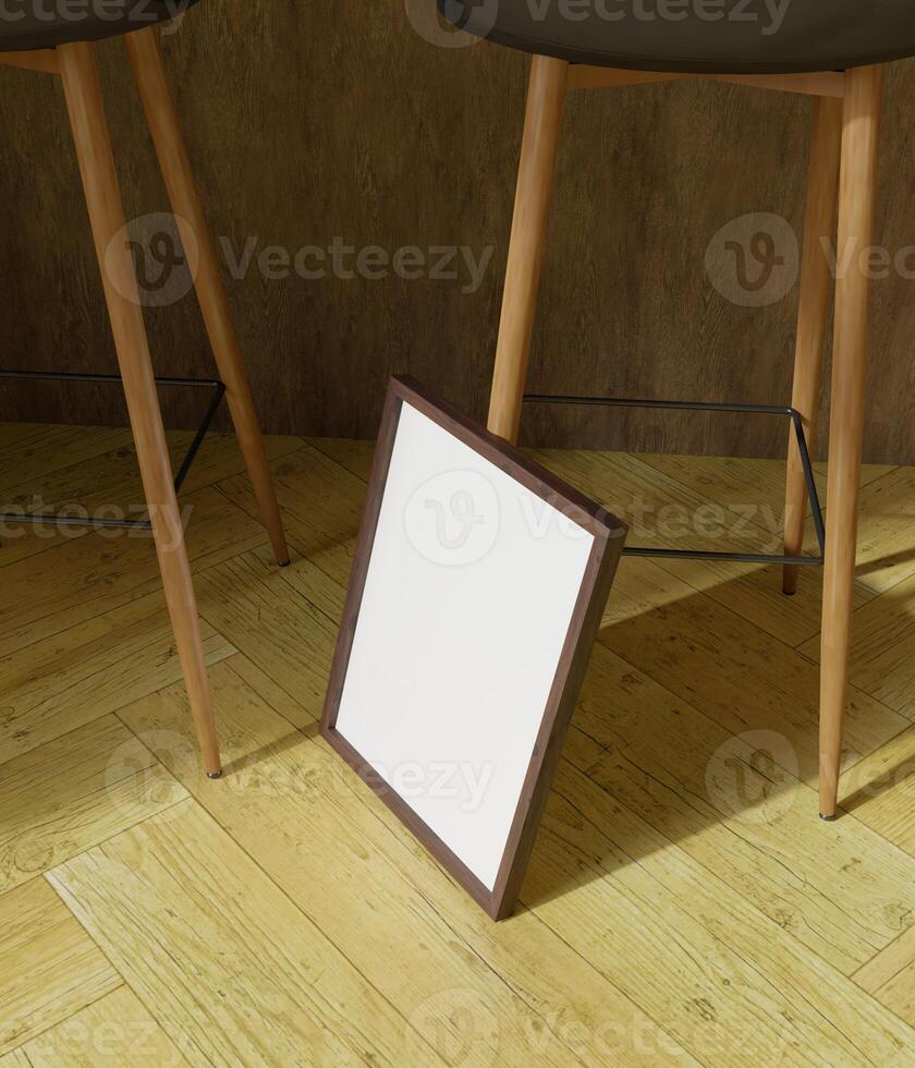 small simple minimalist frame mockup leaing on the bar chair photo