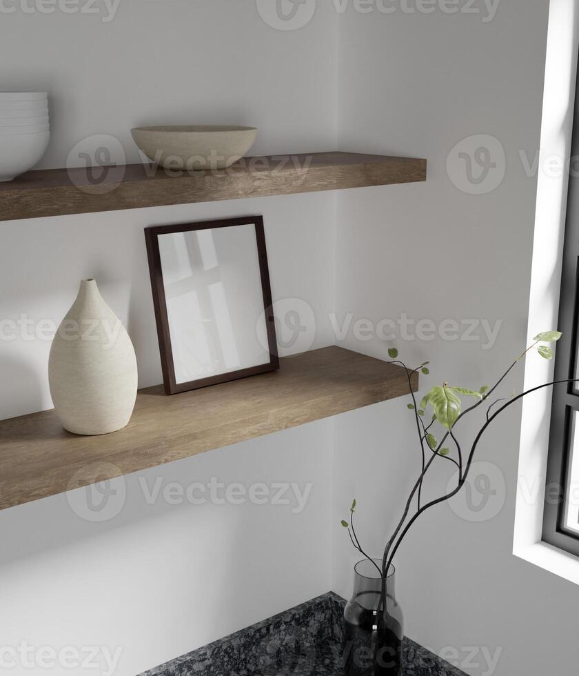 tiny and minimalist dark wooden frame mockup on the wooden kitchen shelf with beautiful decoration photo