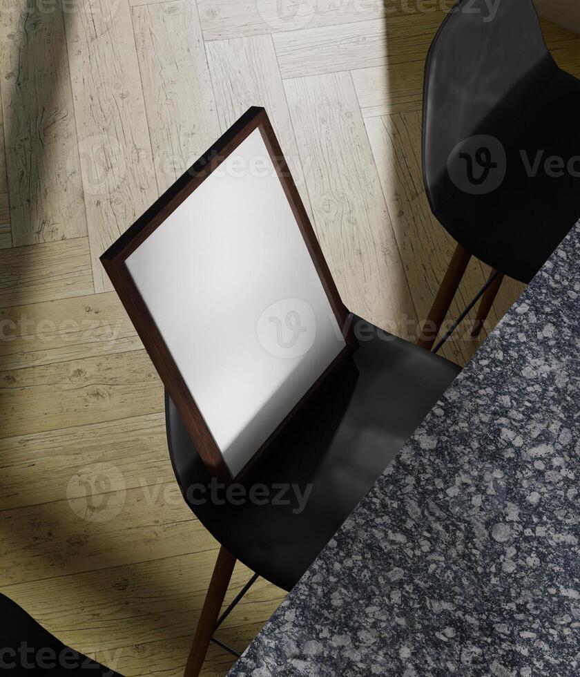 small wooden frame mockup poster on the marble dining table with bar chair photo