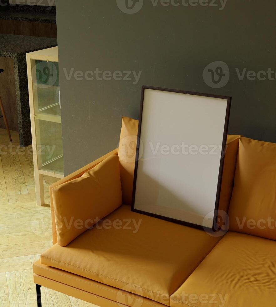 wooden frame mockup poster with orange sofa furniture in the living room photo