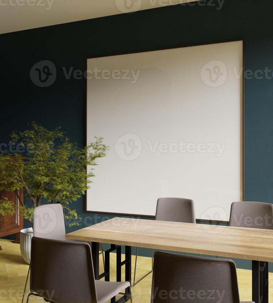 a square 200x200 frame mockup poster behind the dining table in the modern dining room with tree decoration photo