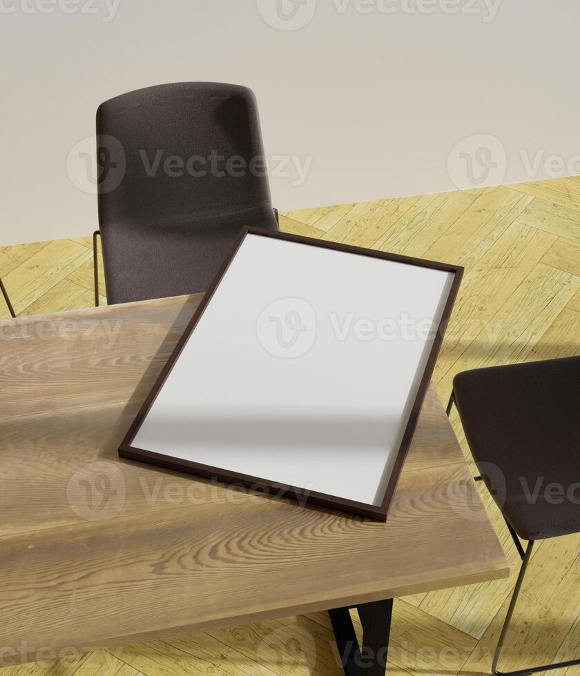 negro de madera marco Bosquejo póster tendido en el de madera comida mesa foto