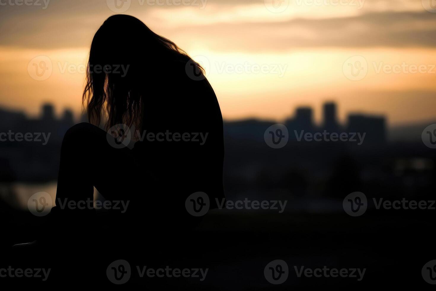 AI generated A crying young girl sits on the river bank in the evening photo