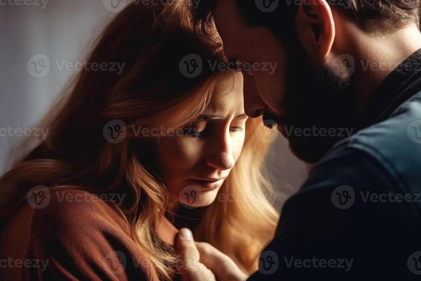 AI generated A woman seeks comfort and understanding in the arms of a man photo