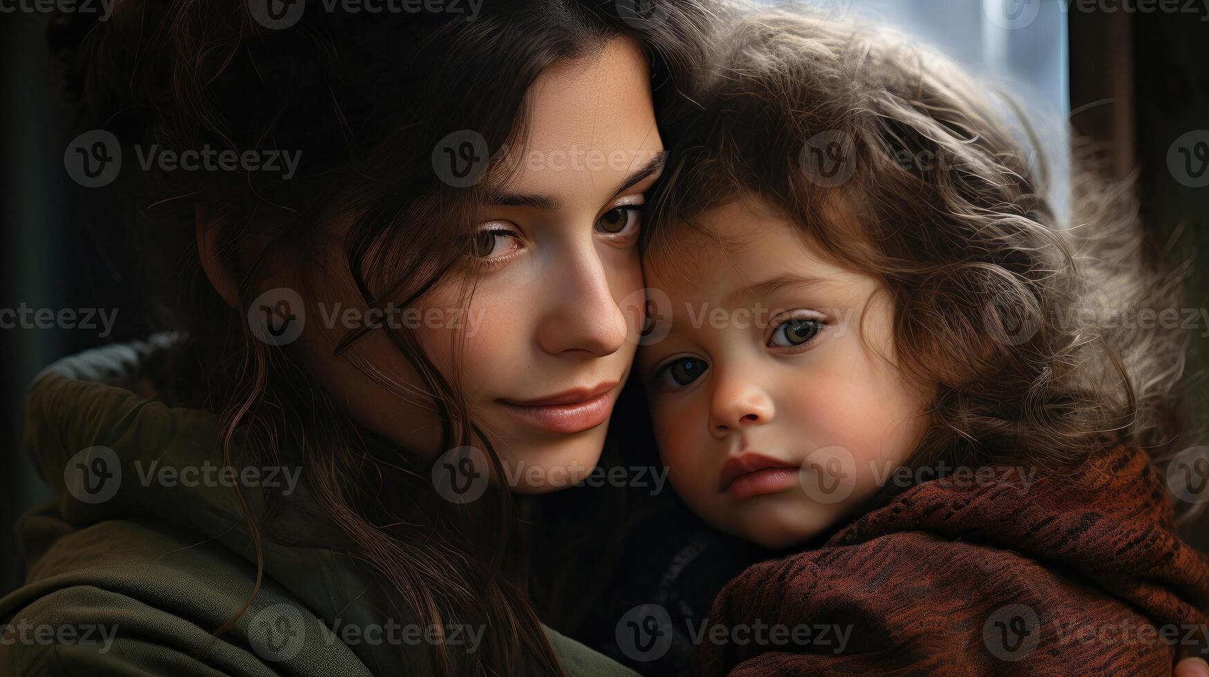 ai generado emocional apoyo - consolando gesto cuando un joven madre cariñosamente abrazos su niño foto