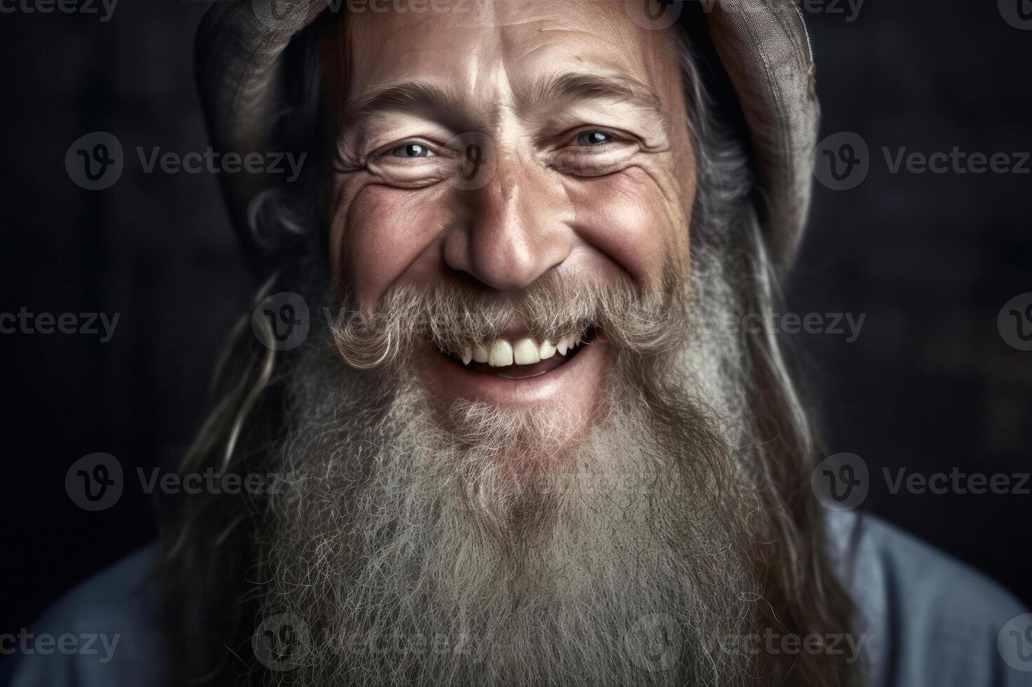 ai generado sereno sonrisas - felicidad reflejado en un mayor del hombre gris barba foto