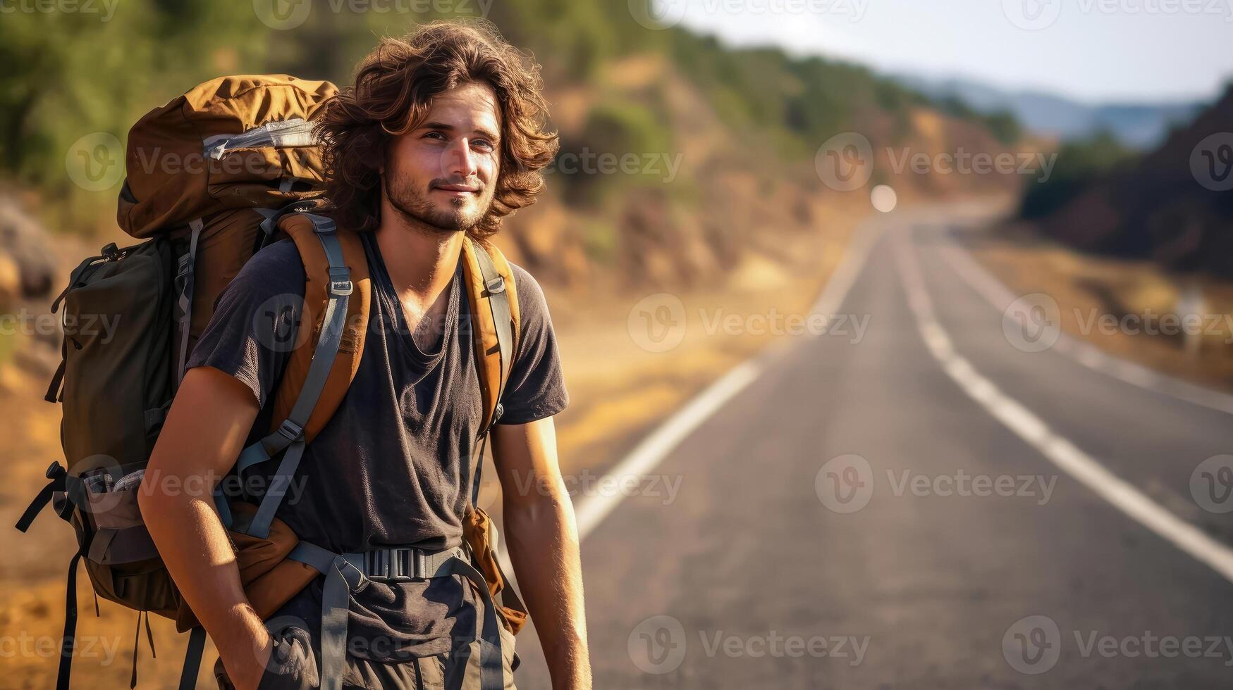 ai generado solo viaje - hombre con mochila embarca en la carretera aventuras foto