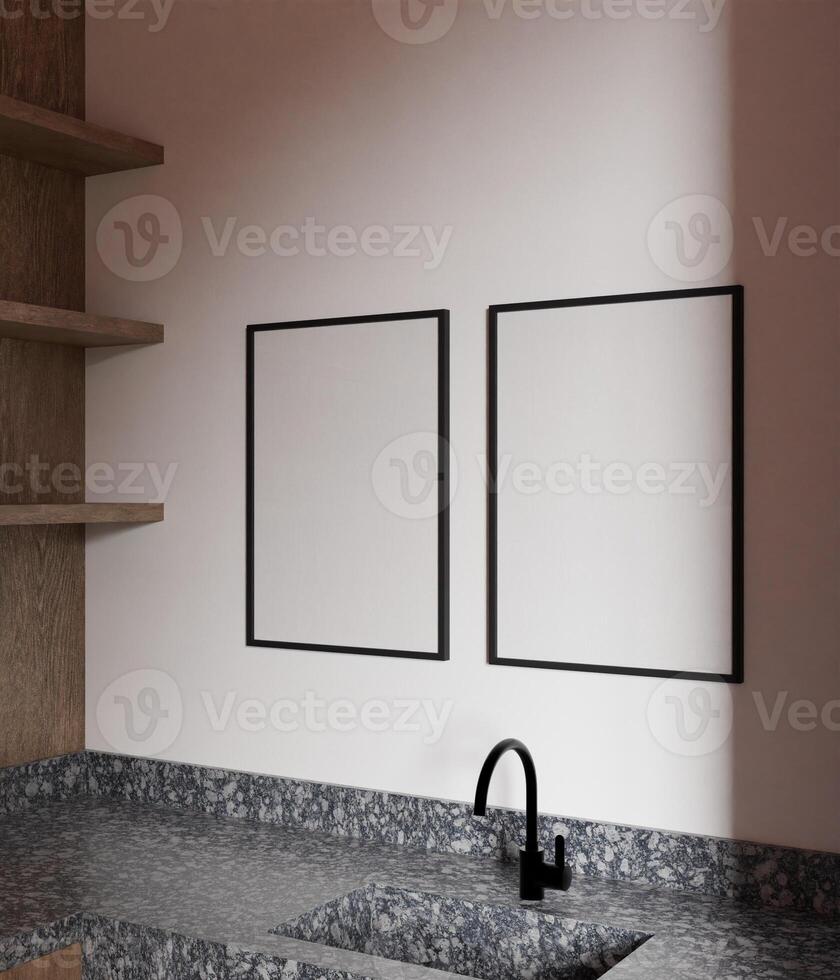 a couple of wooden frame mockup in the kitchen from side view, 70x100 frame mockup poster photo