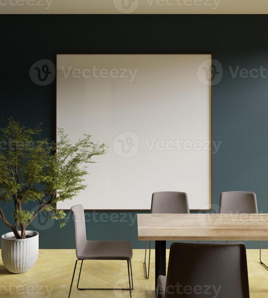 a square 200x200 frame mockup poster behind the dining table in the modern dining room with tree decoration photo