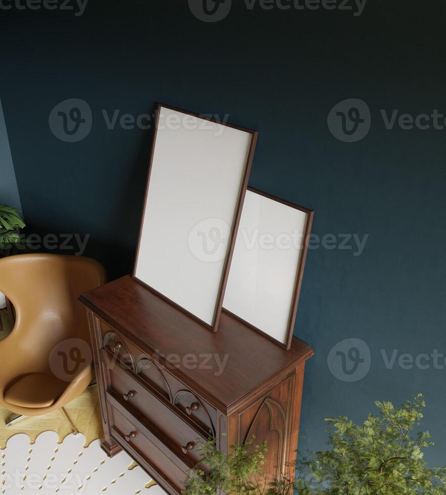 a couple of frame mockup poster leaning on the blue concrete wall above the wooden drawer in the living room with plant decor photo