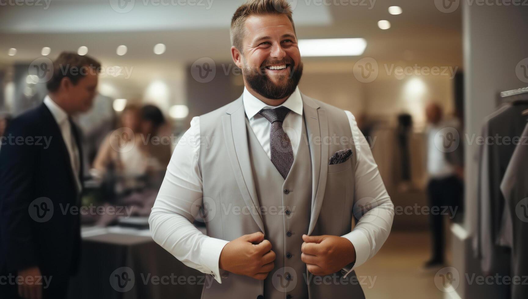 AI generated Joyful adult man adjusting a wedding suit in a tailoring studio photo