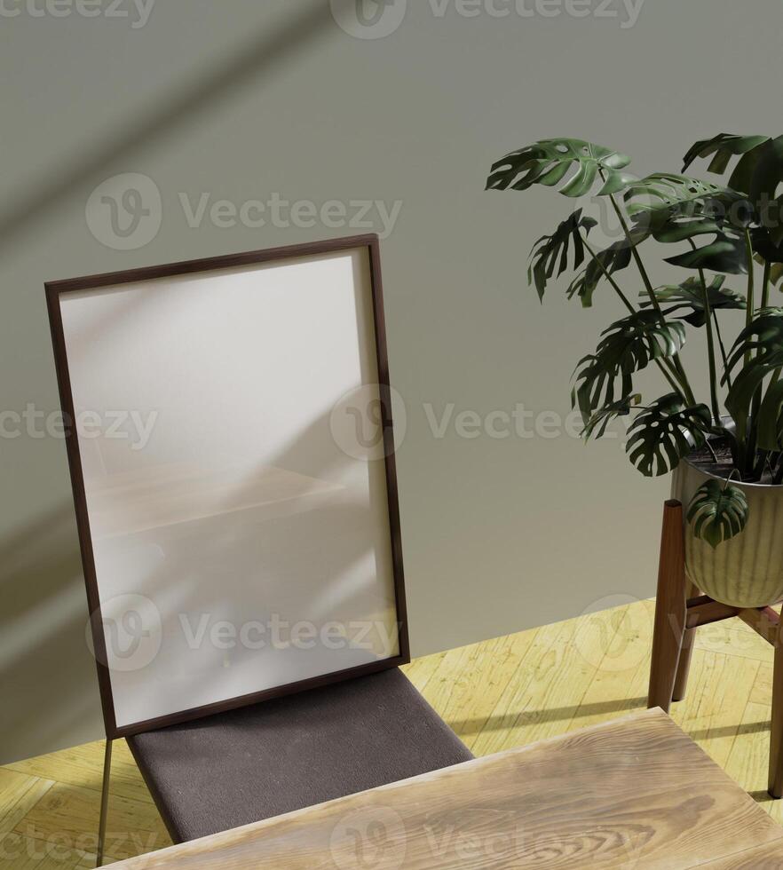 minimalist frame mockup poster on the dining chair lit by sunlight with aesthetic view photo