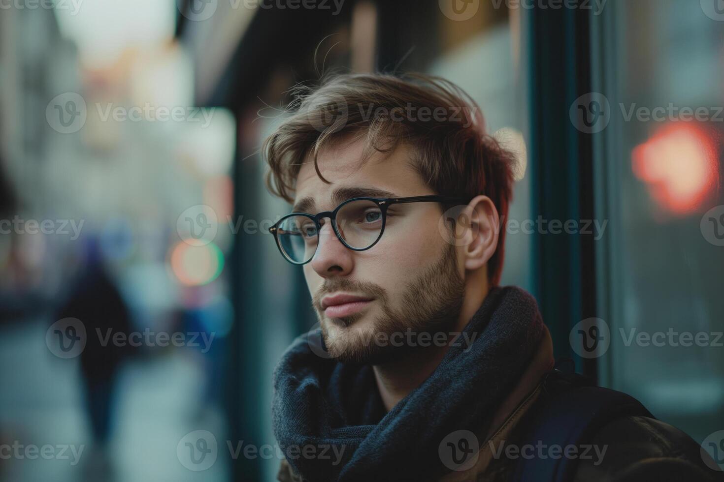 AI generated Thoughtful young man with glasses in urban setting photo