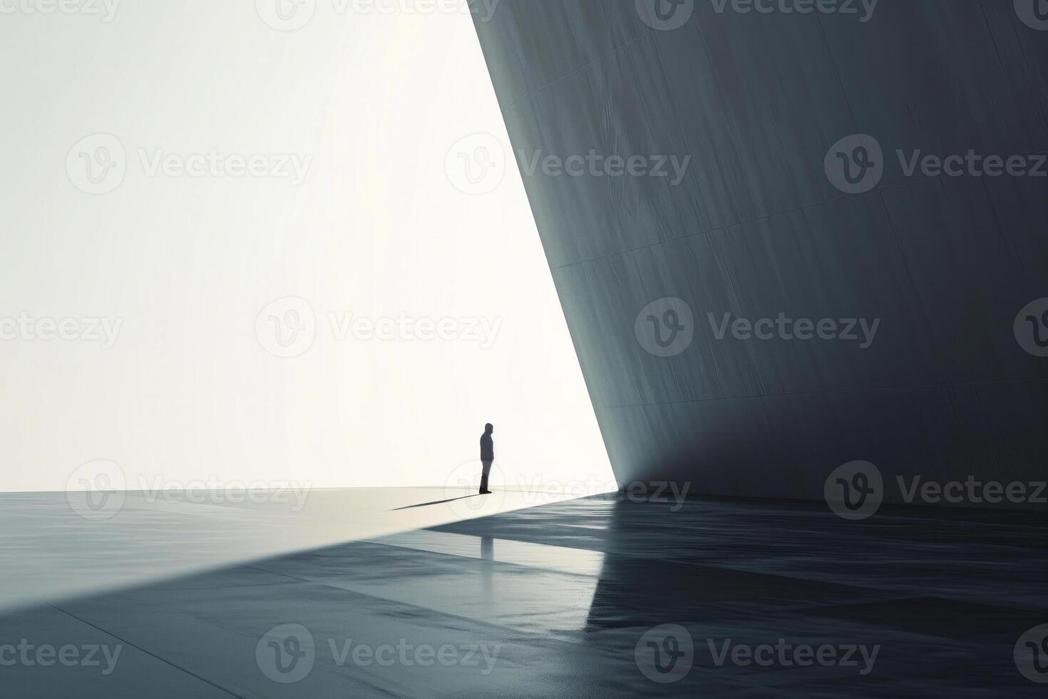 AI generated Silhouette of a lone person against vast minimalist structure photo