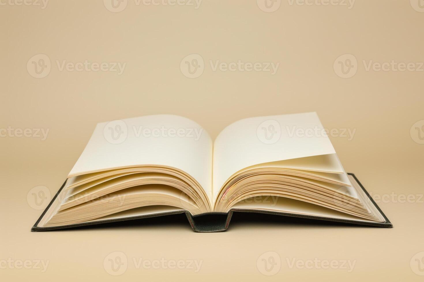 AI generated Open hardcover book with blank pages on beige background photo