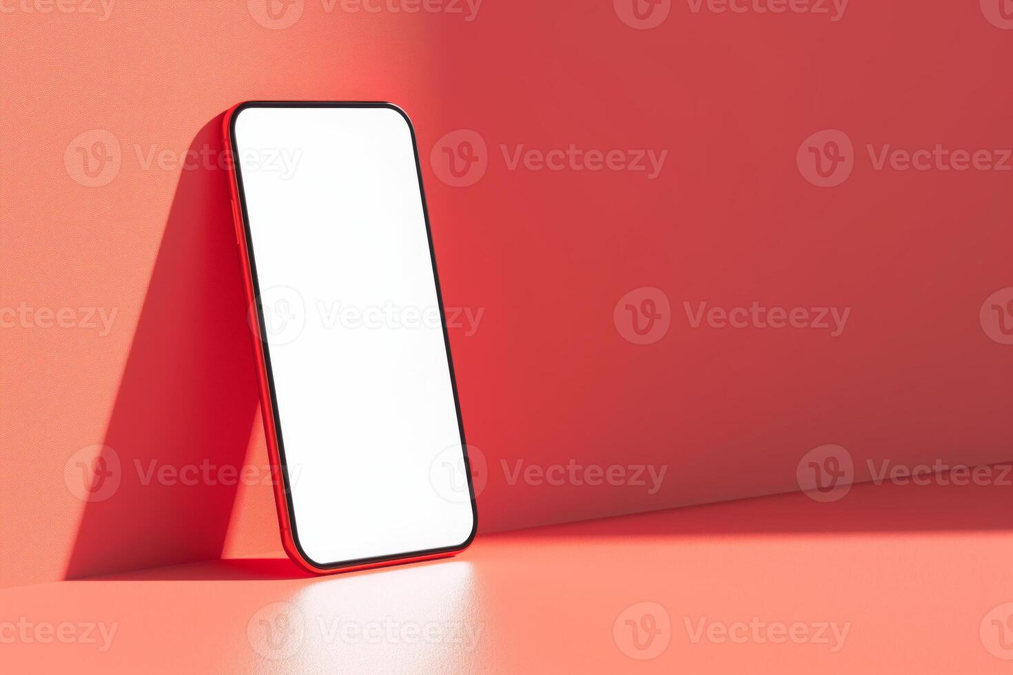 AI generated Smartphone mockup on red background for template design photo