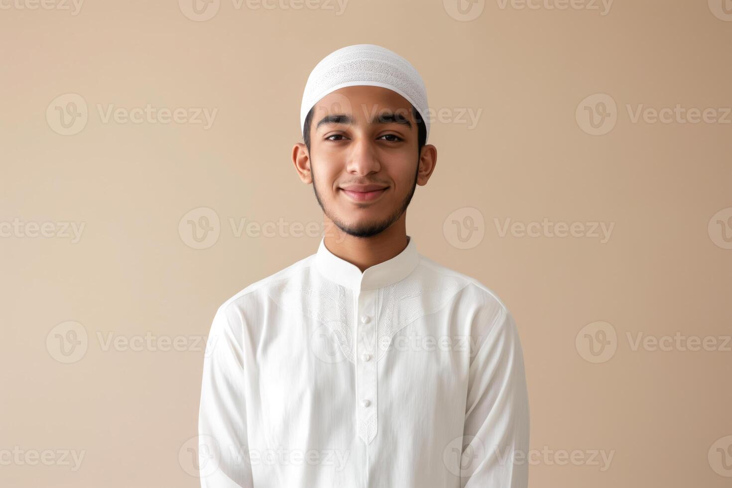 AI generated A young Muslim man, smiling and dressed in a white thobe and kufi, isolated on a beige background photo