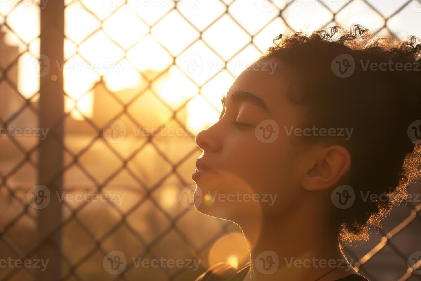 AI generated Contemplative young woman in sunset light near the fence photo